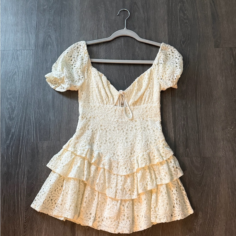 Olivaceous Ivory Lace Tiered Mini Dress